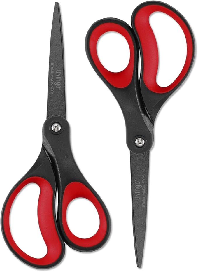 LIVINGO 2 Pack 8" Titanium Non-Stick Scissors, Professional Stainless Steel Comfort Grip, All-Purpose, Straight Office Craft Scissors for DIY(Red/Black) by LIVINGO