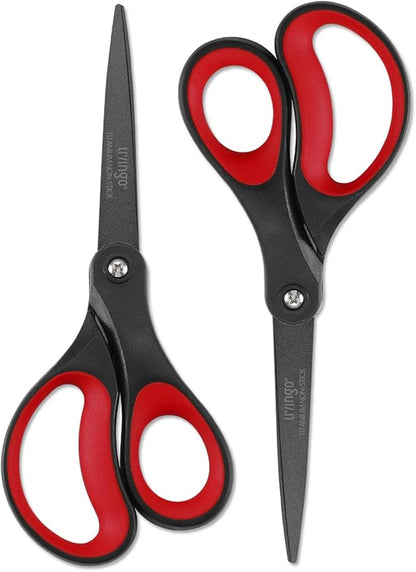 LIVINGO 2 Pack 8" Titanium Non-Stick Scissors, Professional Stainless Steel Comfort Grip, All-Purpose, Straight Office Craft Scissors for DIY(Red/Black) by LIVINGO