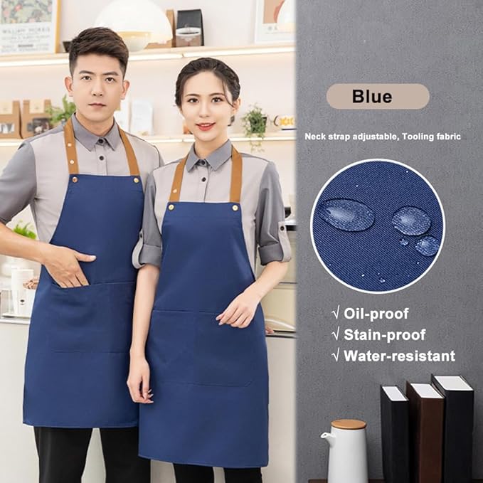 Kitchen Bib Apron with Pockets, Women Men Adjustable Neck Strap Water Resistant Apron for Chef Artist Waiter