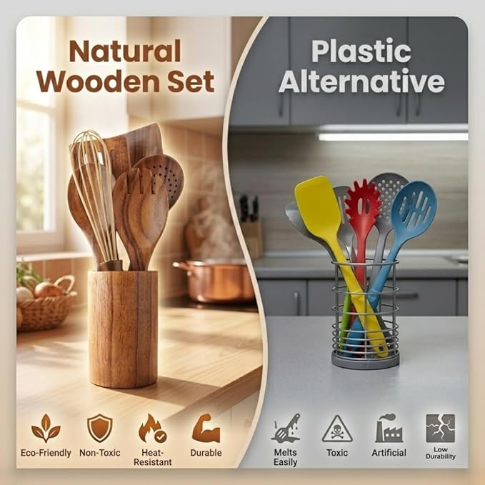 10 Pcs Wooden Utensil Set, 100% Natural Teak Wood Cooking Utensils with Spatula, Turner, Spoon Rest & Holder, Heat Resistant, Lightweight Wooden Spoons for Cooking, Safe for Nonstick Cookware - Image 5