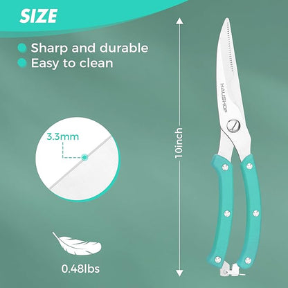 HAUSHOF Kitchen Shears for Food, Heavy Duty Poultry Shears, Stainless Steel Sharp Kitchen Scissors with Serrated Blade, One-Piece Handle, Spring, Safety Lock, 10" Food Scissors for Bones, Meat, Fish
