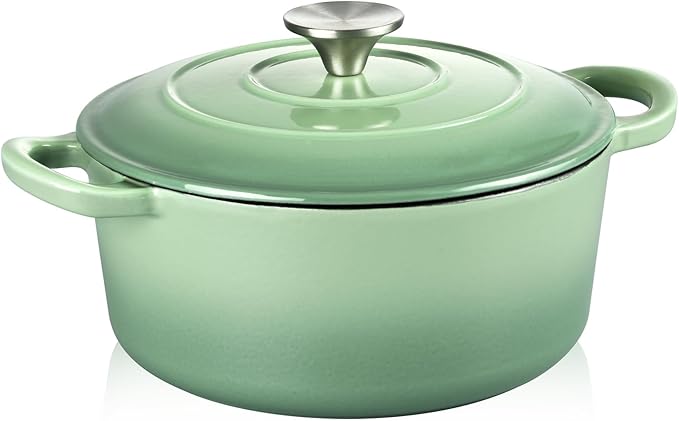 TeamFar Enameled Cast Iron Dutch Oven - 3QT Small Dutch Oven Pot with Lid - Heavy Duty Cast Iron Pot Cookware for Bread Baking, Braising, Stewing, Roasting, Pistachio Green by TeamFar