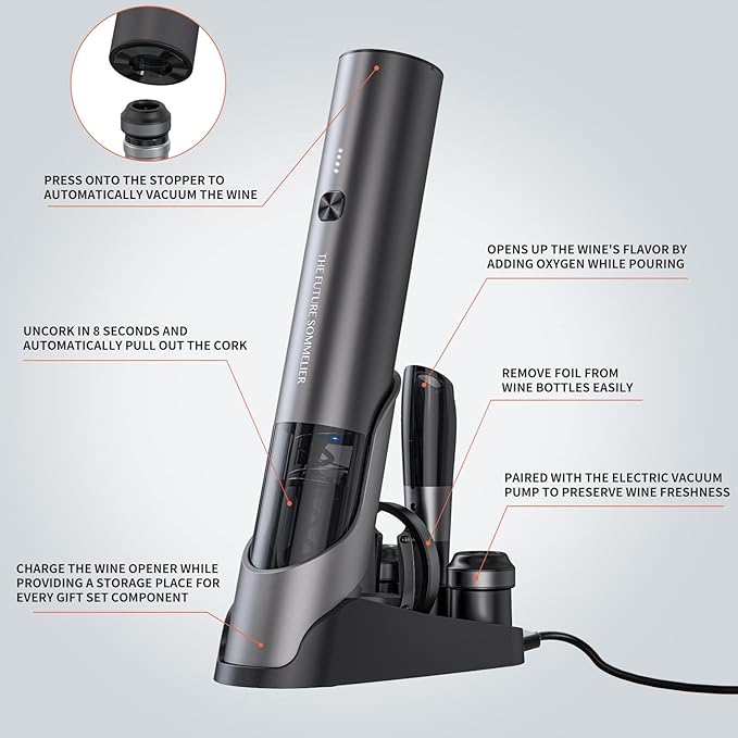 CIRCLE JOY Rechargeable Electric Wine Bottle Opener Set 7-in-1 Aluminum Alloy Wine Gift Set with 2-in-1 Electric Corkscrew & Vacuum Pump, Foil Cutter, Wine Pourer, Charging Base and 2 Wine Stoppers - Image 3