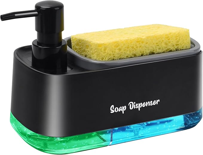 Kitchen Dish Soap Dispenser Set，Dish and Hand Soap Dispenser with Sponge Holder, 3-in-1 Countertop Sponge Dual Soap Pump Dispenser for Kitchen Sink - Black by Eavida
