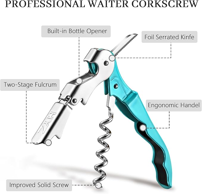 HYZ 2-Pack Wine Opener Waiter Corkscrew, Professional Wine Key for Servers, Bartender with Foil Cutter, Manual Wine Bottle Opener Double Hinged (Blue) - Image 2