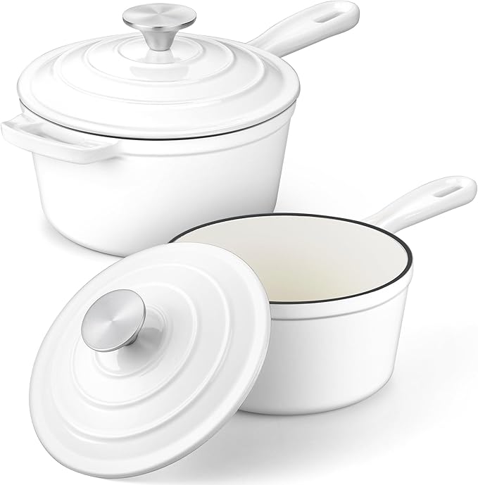 1 Qt & 2 Qt Pots and Pans Set, Leonyo Enameled Cast Iron Saucepan with Lid, Small Cast Iron Dutch Oven Kitchen Cookware Appliances for All Cooktops Cooking Pasta, Milk, Egg - Up to 500°F, White