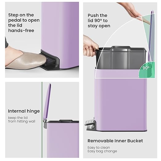 Cesun Small Bathroom Trash Can with Lid Soft Close, Step Pedal, 6 Liter / 1.6 Gallon Stainless Steel Garbage Can with Removable Inner Bucket, Anti-Fingerprint Finish (Purple) - Image 5