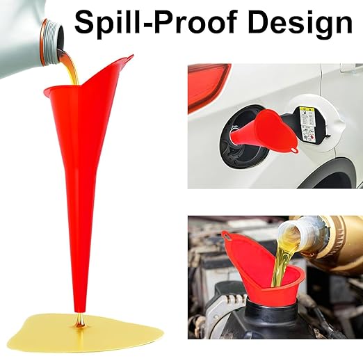3-Pack Long-Neck Oil Funnels, 11" Multi-Purpose Funnels for Automotive & Motorcycle Use – Reusable Funnel for Oil, Gas & Transmission Fluid (Red)
