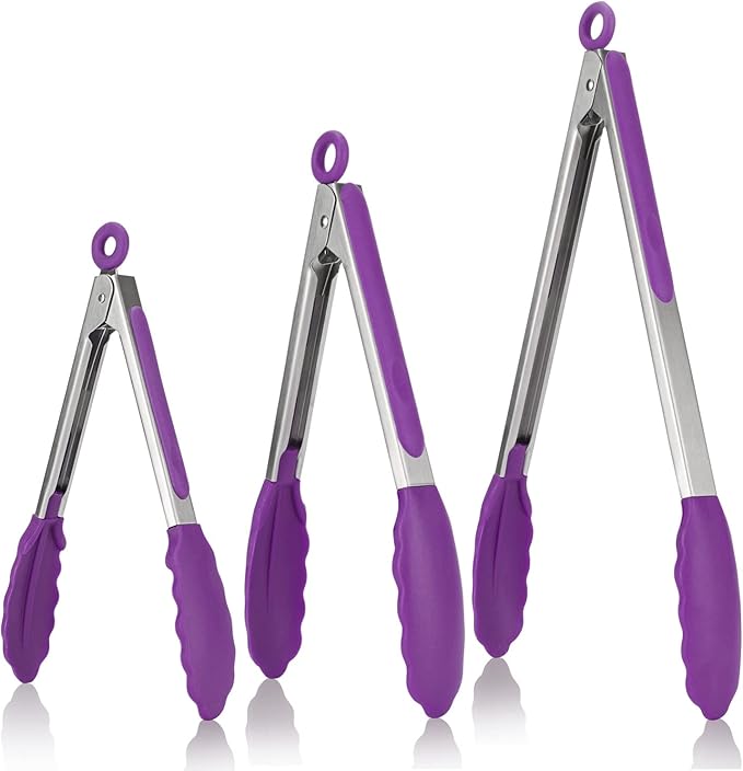 U-Taste Kitchen Tongs, 7/9/12 inches Cooking Tongs, with 600ºF High Heat-Resistant Non-Stick Silicone Tips, 18/8 Stainless Steel Handle, for Food Grill, Salad, BBQ, Frying, Serving, Pack of 3(Purple) by U-Taste