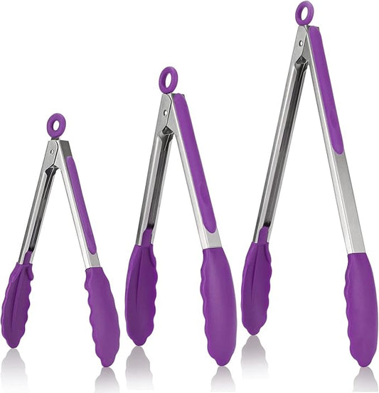 U-Taste Kitchen Tongs, 7/9/12 inches Cooking Tongs, with 600ºF High Heat-Resistant Non-Stick Silicone Tips, 18/8 Stainless Steel Handle, for Food Grill, Salad, BBQ, Frying, Serving, Pack of 3(Purple) by U-Taste