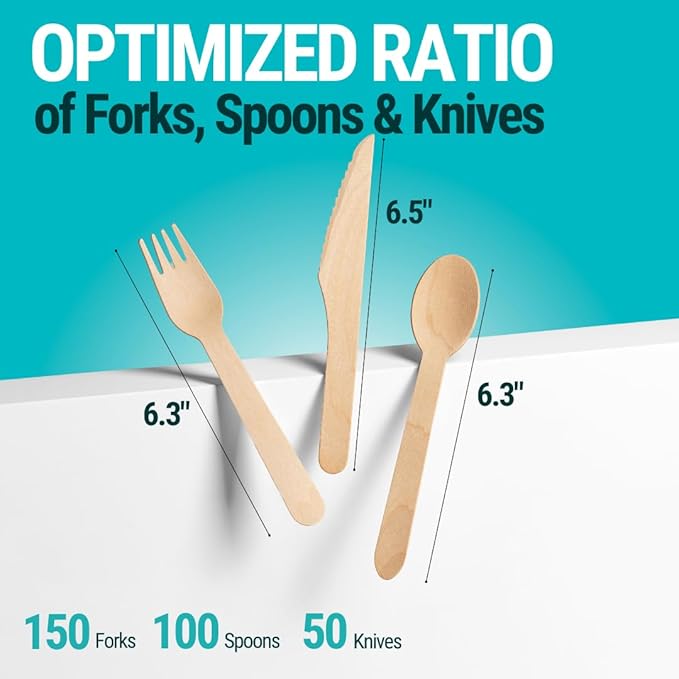300pcs Disposable Wooden Cutlery Set (150 Forks, 100 Spoons, 50 Knives) Our Heavy Duty Compostable Wood Utensils is FSC Certified Protecting Forests. Zero Plastic Cutlery For Any Occasion - Image 8
