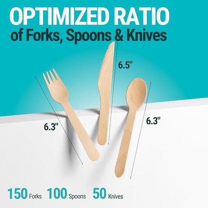 300pcs Disposable Wooden Cutlery Set (150 Forks, 100 Spoons, 50 Knives) Our Heavy Duty Compostable Wood Utensils is FSC Certified Protecting Forests. Zero Plastic Cutlery For Any Occasion - Image 8