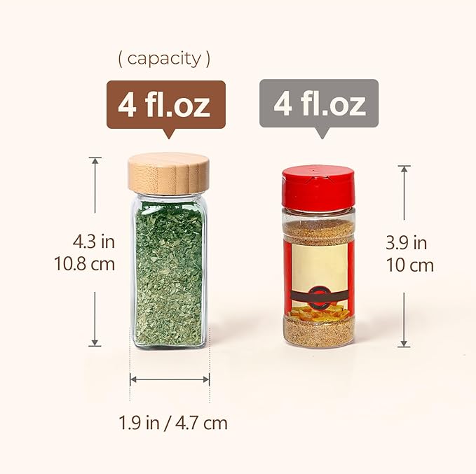 ComSaf 4 oz 6Pcs Glass Spice Jars with Label, Empty Spice Containers with Bamboo Lids, Square Seasoning Containers Trial and Supplement Set, Small Seasoning Bottles for Salt, Herbs, Sugar, Pepper - Image 5