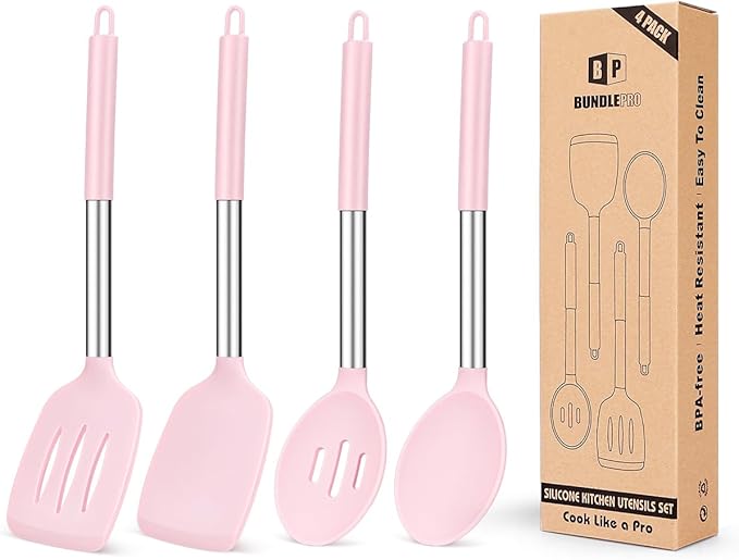 Pack of 4 Silicone Cooking Utensils Set, Non Stick Large Solid Spatulas, Heat Resistant Pink Slotted Spoons, Ideal BPA Free Kitchen Turners for Frying, Mixing,Serving,Draining,Turning,Stirring by BUNDLEPRO