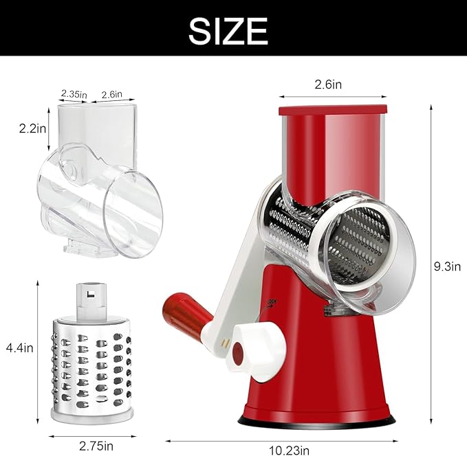 Cambom Rotary Cheese Grater Hand Crank Cheese Shredder for Fresh Cheese, Vegetable, Nuts,Non-slip Suction Base, Free Cleaning Brush Three Blades, Red - Image 5
