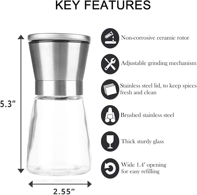 Mincham Manual Salt or Pepper Grinder for Professional Chef, Best Spice Mill with Stainless Steel Cap, Ceramic Blades and Adjustable Coarseness, Refillable Glass Body with 6OZ Capacity - Image 2