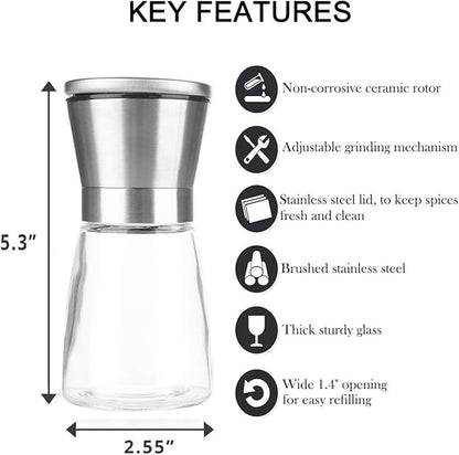 Mincham Manual Salt or Pepper Grinder for Professional Chef, Best Spice Mill with Stainless Steel Cap, Ceramic Blades and Adjustable Coarseness, Refillable Glass Body with 6OZ Capacity - Image 2