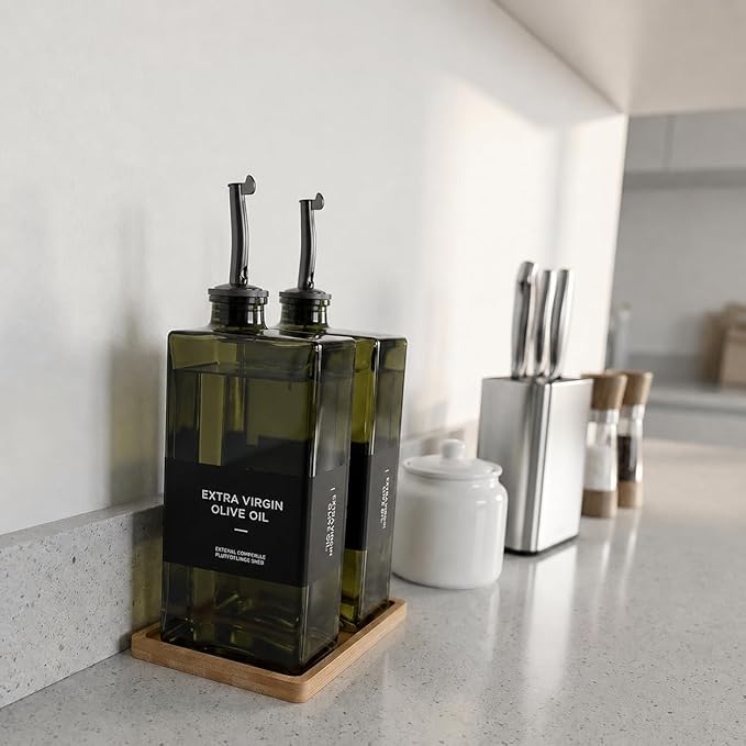 Glass Olive Oil Dispenser Bottle Set of 2 (16.9 oz/500 ml), Green Square Oil & Vinegar Cruet with Drip-Reducing Pour Spouts, Bamboo Tray + Stainless Steel Funnel, 40 Labels for Kitchen Counter