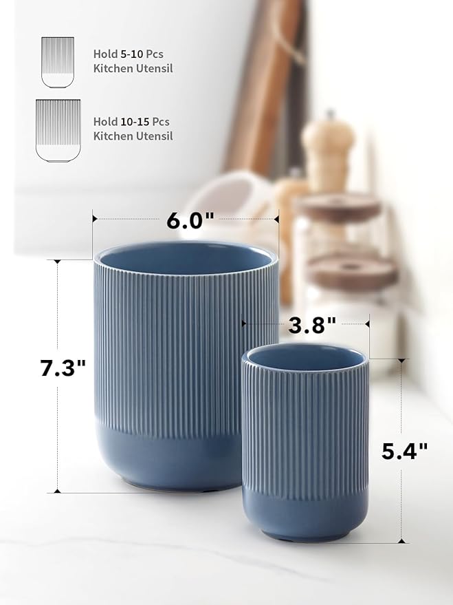LE TAUCI Utensil Holder for Kitchen Counter, 7.3"+5.4" Fluted Ceramic Utensil Crock Organizer for Countertop, Heavy Large Holder for Spatulas, Spoons, Set of 2, Dusty Blue - Image 5