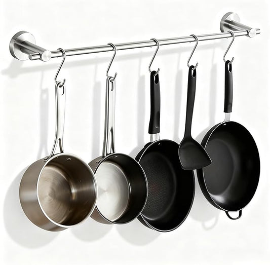 NEWRAIN Pot Rack Wall Mounted, 21 inch Hanging Pot and Pan Hanger, Stainless Steel Kitchen Rail Coffee Mug Rack with 10 S Hooks,Brushed Nickel