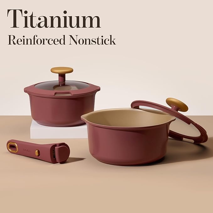 CAROTE 2.0Qt & 3.0Qt Titanium Nonstick Reinforced Sauce Pan Sets with Lid, Non-Stick Saucepans Cookware Set with Pour Spout with Detachable Handle, PFOS, PFOA Free, Induction Comptable, Burgundy - Image 3