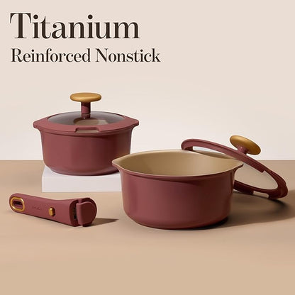 CAROTE 2.0Qt & 3.0Qt Titanium Nonstick Reinforced Sauce Pan Sets with Lid, Non-Stick Saucepans Cookware Set with Pour Spout with Detachable Handle, PFOS, PFOA Free, Induction Comptable, Burgundy - Image 3