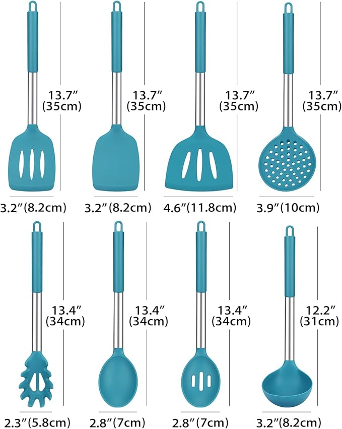 Silicone Cooking Utensil Set, 8Pcs Non-stick Cookware with Stainless Steel Handle, BPA Free Heat Resistant Kitchen Tools with Spatulas, Turners, Spoons, Skimmer and Pasta Fork - Image 2