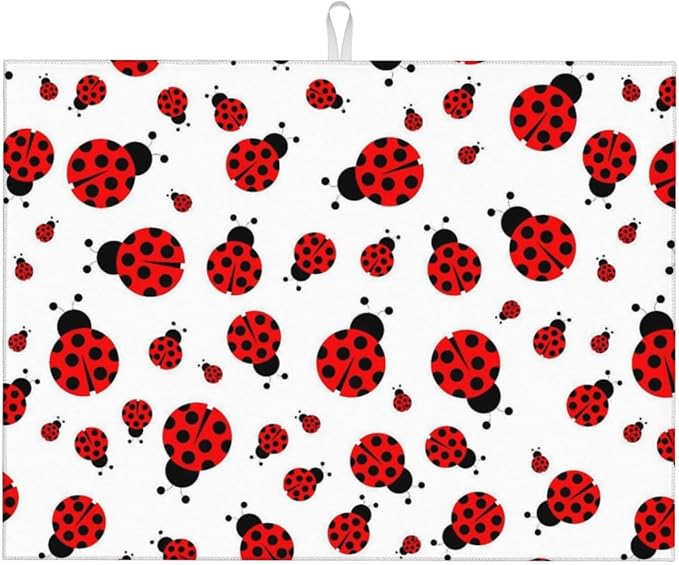Red Ladybug Dish Drying Mat Cute Small Dots Fun Animal Themed Drying Rack Pad Countertop Dishes Ultra Absorbent Microfiber Kitchen Counter Mat 18x24 Inch