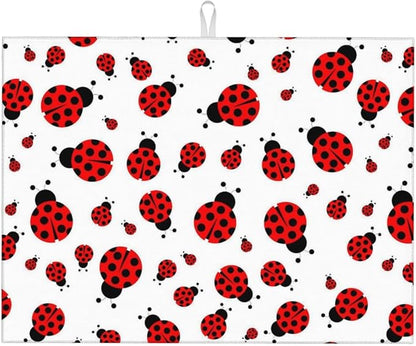 Red Ladybug Dish Drying Mat Cute Small Dots Fun Animal Themed Drying Rack Pad Countertop Dishes Ultra Absorbent Microfiber Kitchen Counter Mat 18x24 Inch