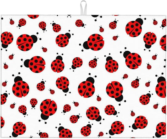Red Ladybug Dish Drying Mat Cute Small Dots Fun Animal Themed Drying Rack Pad Countertop Dishes Ultra Absorbent Microfiber Kitchen Counter Mat 18x24 Inch