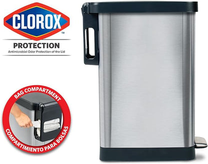 Glad Slim Trash Can with Clorox Odor Protection - Narrow Kitchen Garbage Bin with Soft Close Lid, Step On Foot Pedal and Waste Bag Roll Holder, Stainless Steel, 12 Gallon/45 Liter - Image 2