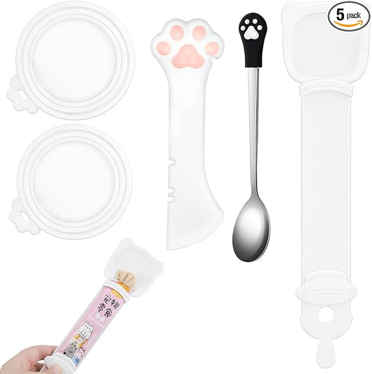 5 PCS Cat Food Can Covers Lids Set, Silicone Pet Food Can Lids with Multi-Function Cat Food Spoon and Opener, Cat Bar Squeezer, Stainless Steel Wet Food Spoon for Cats and Dogs (Pink) (White)