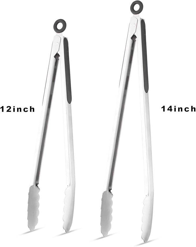 304 Stainless Steel Kitchen Cooking Tongs, 12" and 14" Set of 2 Sturdy Grilling Barbeque Brushed Locking Food Tongs with Ergonomic Grip, Black - Image 4