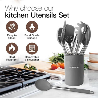 Kitchen Utensils Set-Silicone Cooking Utensils-32pcs Non-Stick Silicone Cooking Kitchen Utensils Spatula Set with Holder-Best Kitchen Cookware with Stainless Steel Handle (Grey) - Image 3