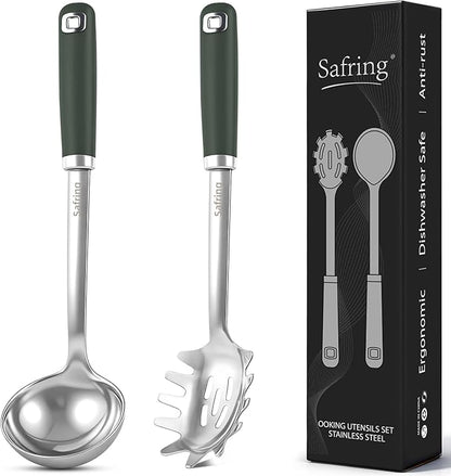 Safring Stainless Steel Soup Ladle and Spaghetti Spoon Set, Heat Resistant Rubber Handle, Dishwasher Safe, Kitchen Utensils for Cooking, Stirring, Serving Pasta, Soup & Sauce (Hunter Green) by Safring