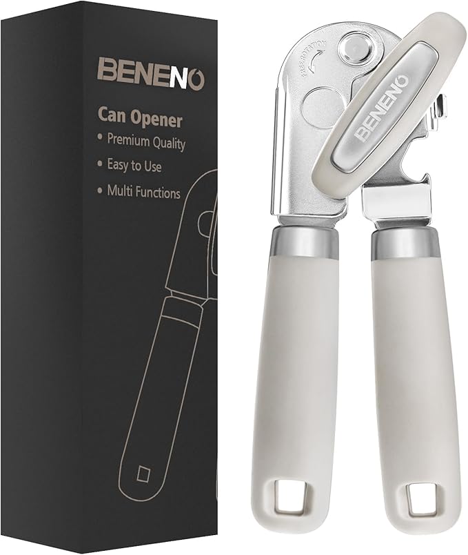 Beneno Heavy Duty Hand Can Opener Manual with Magnet, Durable Sharp Carbon Steel Blade Smooth Cutting, Big Effort-Saving Knob & Soft Grip Handle, Multifunctional Kitchen Tool with Bottle Opener, Beige by Beneno