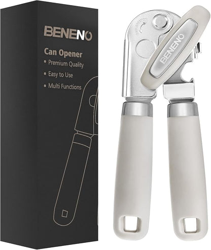 Beneno Heavy Duty Hand Can Opener Manual with Magnet, Durable Sharp Carbon Steel Blade Smooth Cutting, Big Effort-Saving Knob & Soft Grip Handle, Multifunctional Kitchen Tool with Bottle Opener, Beige by Beneno