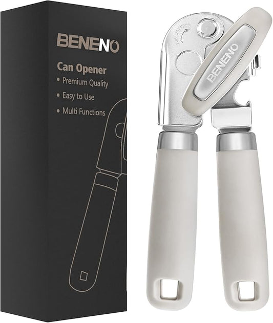 Beneno Heavy Duty Hand Can Opener Manual with Magnet, Durable Sharp Carbon Steel Blade Smooth Cutting, Big Effort-Saving Knob & Soft Grip Handle, Multifunctional Kitchen Tool with Bottle Opener, Beige by Beneno
