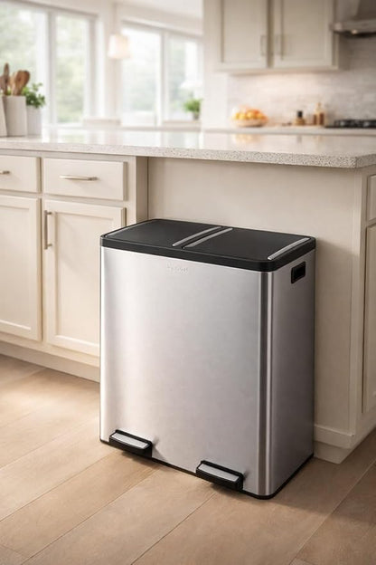 Step N' Sort The 18.5 Gallon Extra Large Capacity, Soft-Step, Dual Trash and Recycling Bin with Removable Inner Bins, Silver