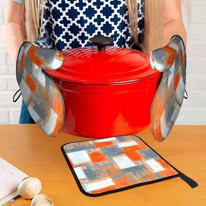 LOKMU Oven Mitts and Pot Holders Set of 3, Orange and Grey White Abstract Art Heat Resistant Kitchen Gloves Hot Pads for Cooking Baking BBQ, Kitchen Decor Gifts for Cooking Lover Cooks