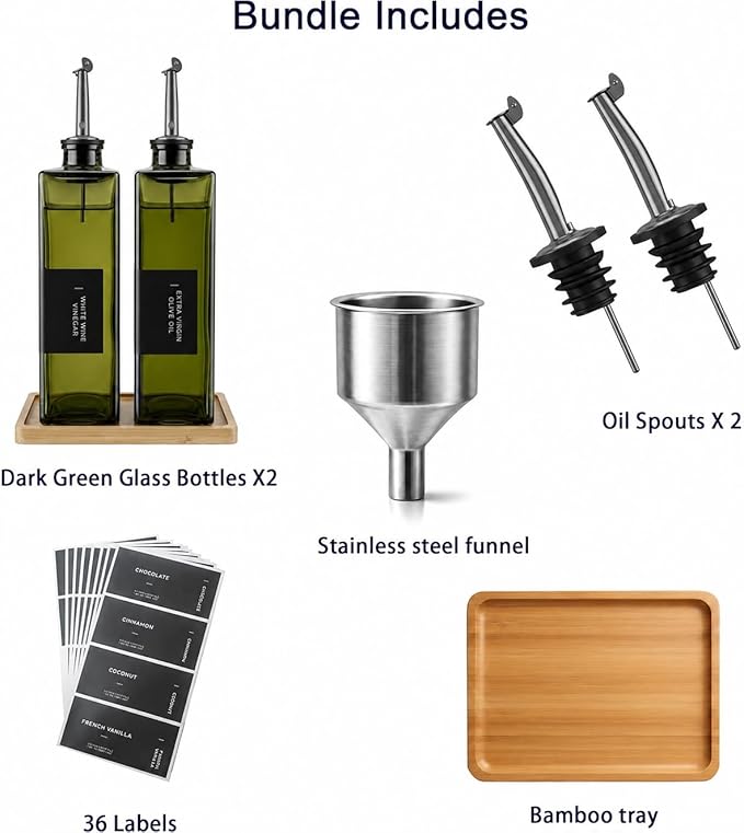 Glass Olive Oil Dispenser Bottle Set of 2 (16.9 oz/500 ml), Green Square Oil & Vinegar Cruet with Drip-Reducing Pour Spouts, Bamboo Tray + Stainless Steel Funnel, 40 Labels for Kitchen Counter