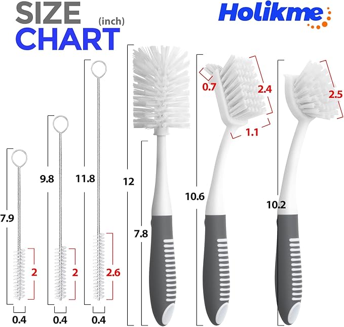 Holikme 6 Pack Dish Brush Set with Bottle Brush, Dish Scrub Brush, Pan Brush and 3 Straw Brushes, Deep Cleaning Handle Brush with Scraper Tip for Kitchen Sink Dishes Bottle Cup Pot and Pans (Gray) - Image 6
