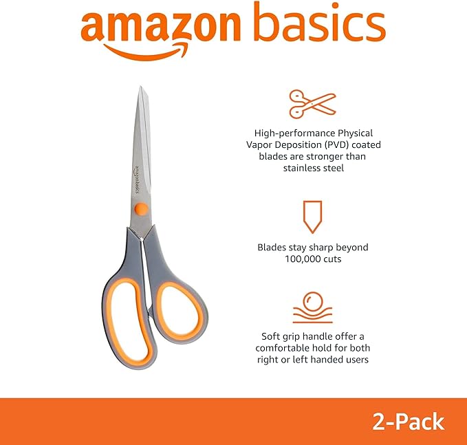 Amazon Basics Multipurpose Stainless Steel Scissors for Office, Crafts, Paper Cutting, Fabric Cutting, Right/Left Handed, Comfort Grip, PVD Coated, 2-Pack, Green and Grey - Image 2