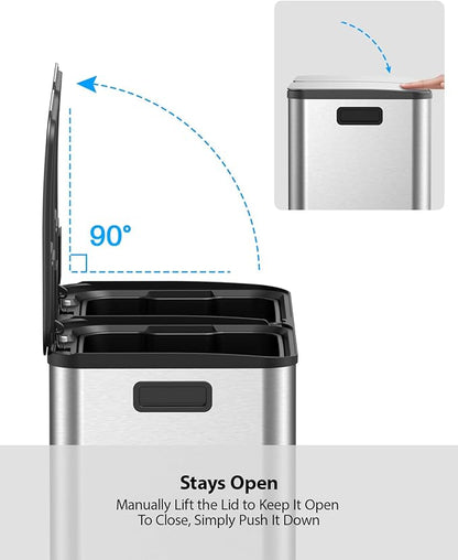 Lovewind Dual Trash and Recycling Bins for Kitchen, 2 * 11-Gallon Stainless Steel Double Trash Can, Step-On Garbage and Recycle Combo, Quiet Close, Pet-Proof, Compatible with 13-Gallon Bags, Silver - Image 6