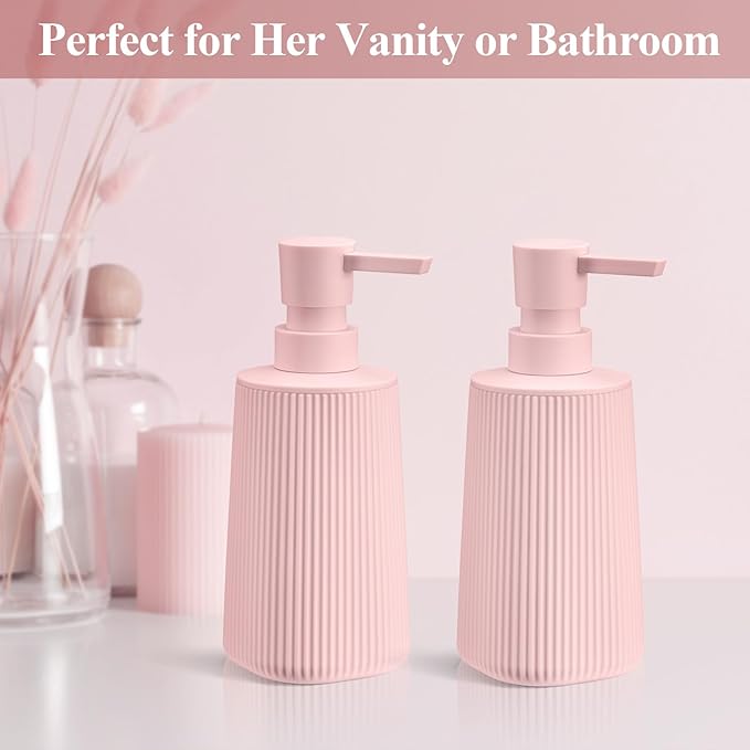 Pink 2 Pack Hand Soap Dispensers Set with No Rust Pump for Bathroom Kitchen or Vanity Countertops Refillable Striped Matte Plastic 8.5 oz Cute Design for Girls Room Decor