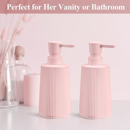 Pink 2 Pack Hand Soap Dispensers Set with No Rust Pump for Bathroom Kitchen or Vanity Countertops Refillable Striped Matte Plastic 8.5 oz Cute Design for Girls Room Decor