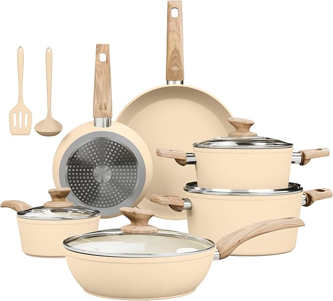 Kitchen Academy 12-Piece Induction Cookware Set, Nonstick Granite Pots and Pans in Beige by KITCHENACADEMYBETTERLIVINGTHROUGHCOOKINGPERFECTION