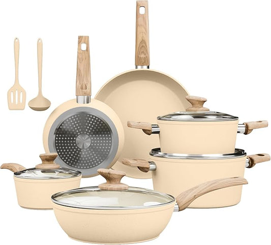 Kitchen Academy 12-Piece Induction Cookware Set, Nonstick Granite Pots and Pans in Beige by KITCHENACADEMYBETTERLIVINGTHROUGHCOOKINGPERFECTION
