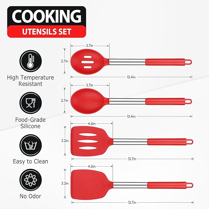 Pack of 4 Large Silicone Cooking Spatulas and Spoons, Slotted and Solid Stainless Steel Cooking Utensils Set, Non-stick Heat Resistant Kitchen for Baking, Fried, Stir-Fry, Mixing, Serving (Red) - Image 2