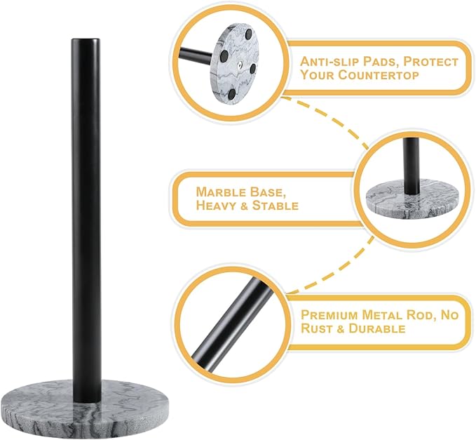 Koville African Marble Base Paper Towel Holder Countertop, Metal Rod 6" Marble Base Paper Towel Holder Stand for Kitchen Organization and Storage, Fit for Standard Size Rolls - Image 2